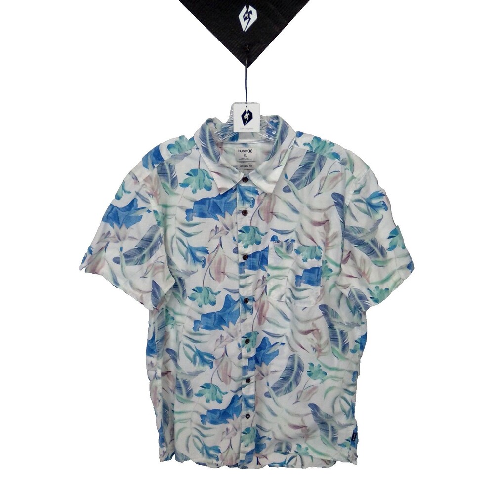 Hurley Men's Fat Cap Hawaiian Woven Short Sleeve Button Close Logo Shirt XL